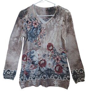 Tempo Paris Sweater Neutral Floral V Neck Long Sleeve Pullover Womens S/M